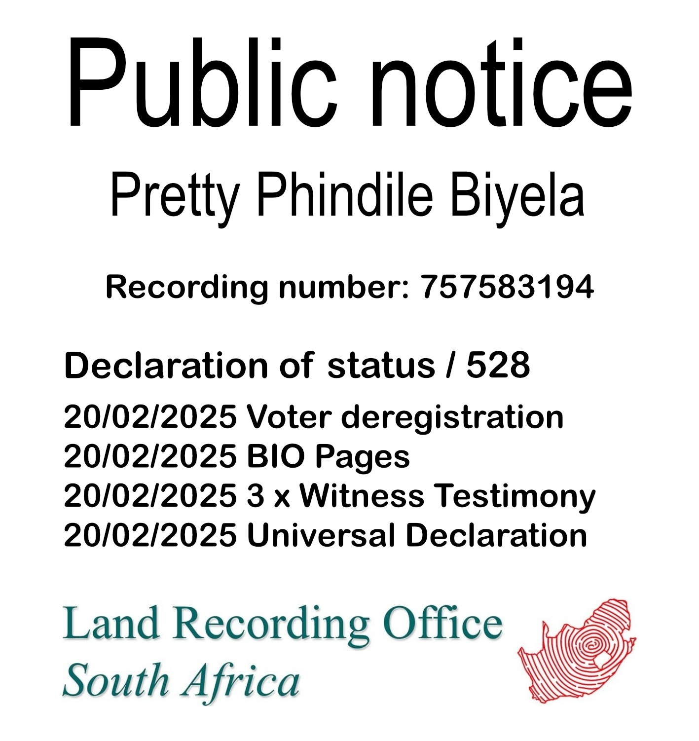 Public Notice Pretty Phindile Biyela (c) Recording number 757583194